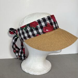BETSY JOHNSON Sun Visor Hat Straw With Fabric Tie Buffalo Plaid Red Roses Print